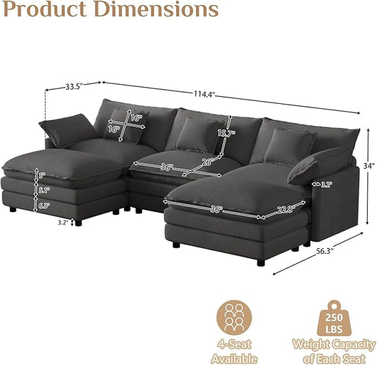 114" U Shaped Cloud Couch Sectionals Oversized Sectional Couches for Living Room Modular Couch, Large Velvet Cloud Sofa with Movable Ottoman, Grey