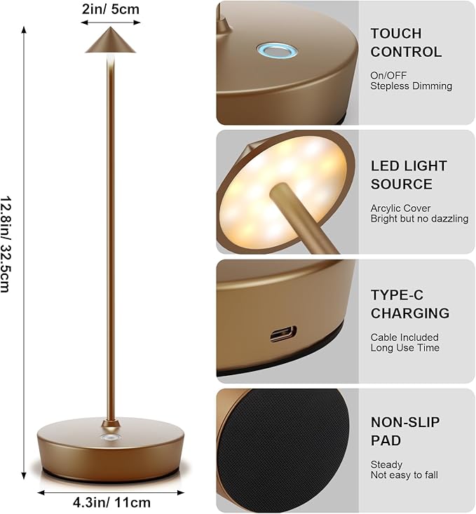 2Pack Rechargeable Cordless Table Lamp, Portable Powered LED Battery 6000mAh Metal USB Desk Lamp, 3 Levels Brightness Light for Restaurants Outdoor (2pack Titanium)