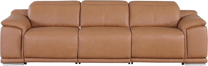 Blackjack Furniture Venice Top Grain Italian Leather Recliner 7 Seater 5 Power Reclining 3 Piece Sofa Set with Adjustable Headrests Modern Seating Sofa, Loveseat and Chair for Living Room , Cognac