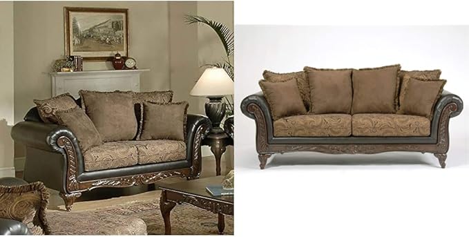 Roundhill Furniture San Marino 2-Tone Fabric Loveseat, Chocolate & San Marino 2-Tone Fabric Sofa, Chocolate