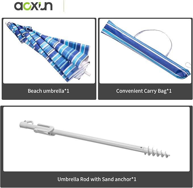 Aoxun 6.5ft Beach Umbrella with Tilt Pole, Portable Sand Anchor and Carry Bag, UPF 50+ Sun Shelter Air Vents Design for Outdoor Activities (Navy Blue & White)
