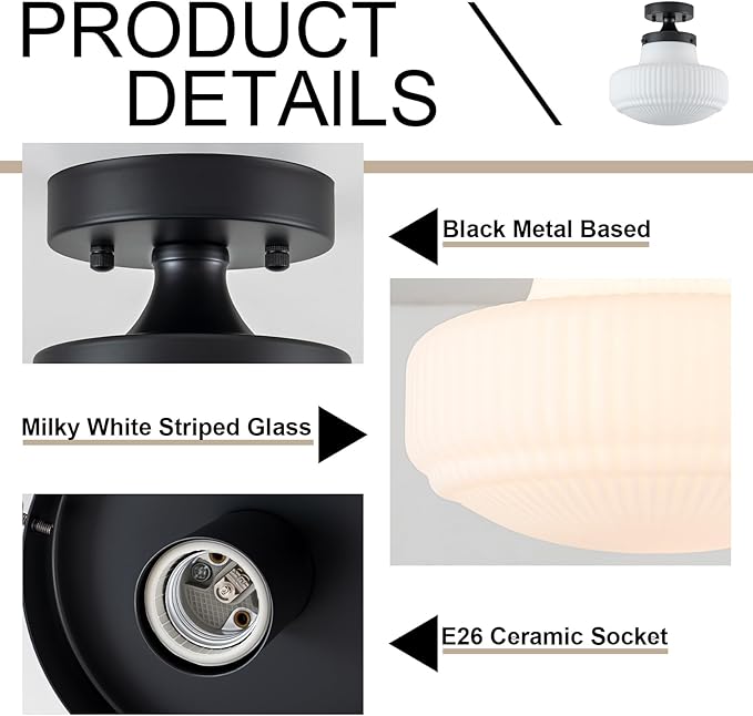 Milk Glass Ceiling Light Fixture 11" Schoolhouse Lights Fixtures Modern Black Semi Flush Mount Ceiling Light for Hallway Bedroom Bathroom Kitchen Foyer