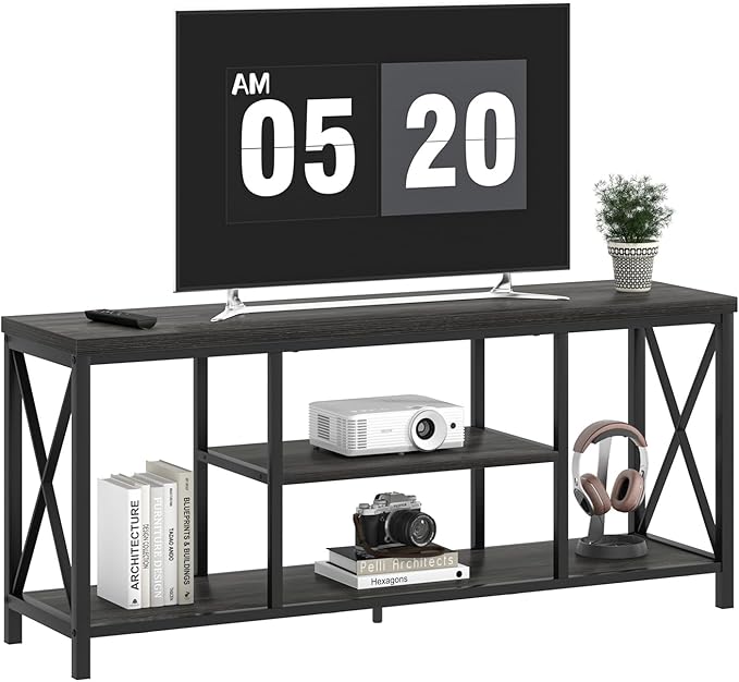 FOLUBAN Modern TV Stand for TV up to 65 Inch, Rustic Wood Entertainment Center with Storage Shelves, Industrial Media TV Console and TV Table for Living Room Bedroom, 55 Inch Dark Gray