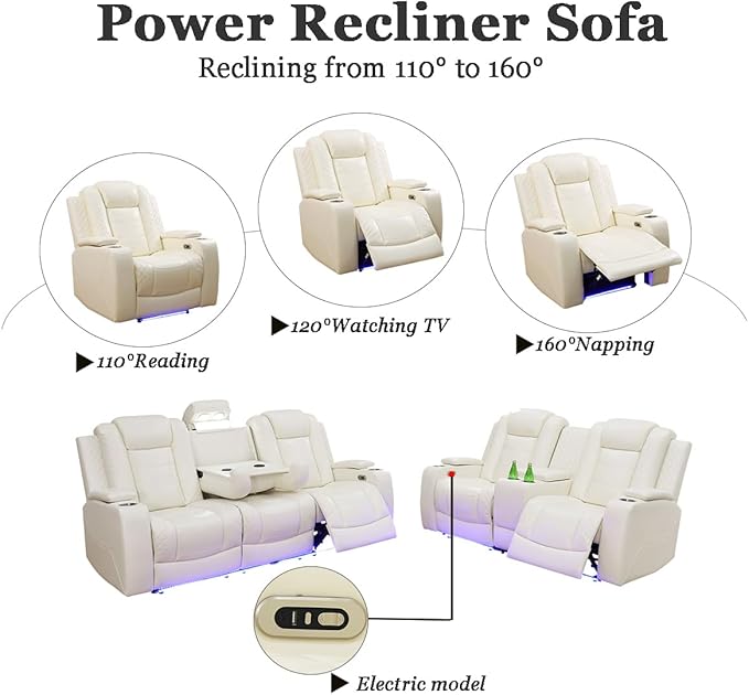 A Ainehome Power Leather Recliner Sofa Set with LED Lights, Recliner Sofa Sectional Couches for Living Room, Reclining Sofa and loveseat with USB Port/Storage Console(Creamy White,Sofa+loveseat)