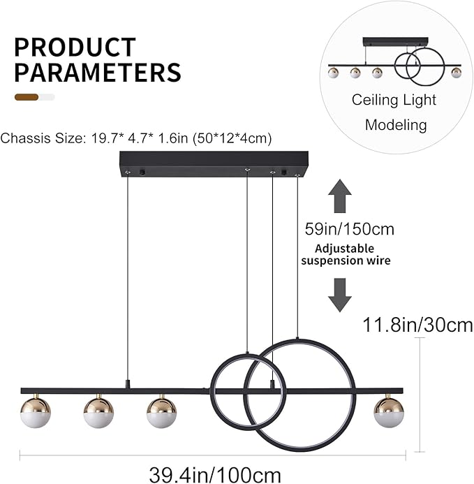 Modern Black Gold Chandeliers for Dining Room, Dimmable LED Chandelier Linear Pendant Light for Kitchen Island, 39in Globe Haning Pendant Chandelier Lighitng with Remote (2 Rings, 3000lm)