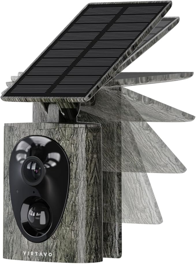 virtavo Wireless Outdoor Security Camera, Solar Powered 2K Starlight Color Night Vision, Battery, AI Human/Vehicle Detection, 2-Way Audio, IP66 Weatherproof, 2.4G WiFi, SD/Cloud Storage