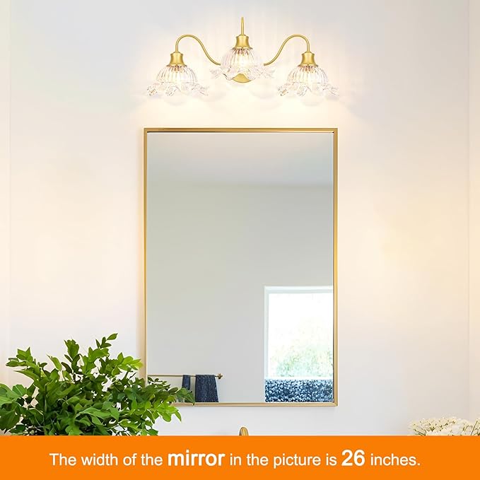 Brushed Gold Bathroom Vanity Light Fixture Vintage 3 Light Bathroom Lighting Over Mirror, Farmhouse 24'' Wall Sconce Lighting with Flower Glass Shades, Easy Mount for Makeup Area, E26 Bulb Compatible