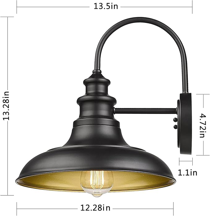Outdoor Barn Light Fixture, 12.3 Inch Large Dome Farmhouse Wall Mount Light Wall Sconce Exterior Wall Lighting Fixture Industrial Black Finish Lantern with Gold Interior for Porch Garage Patio, 2 Pack