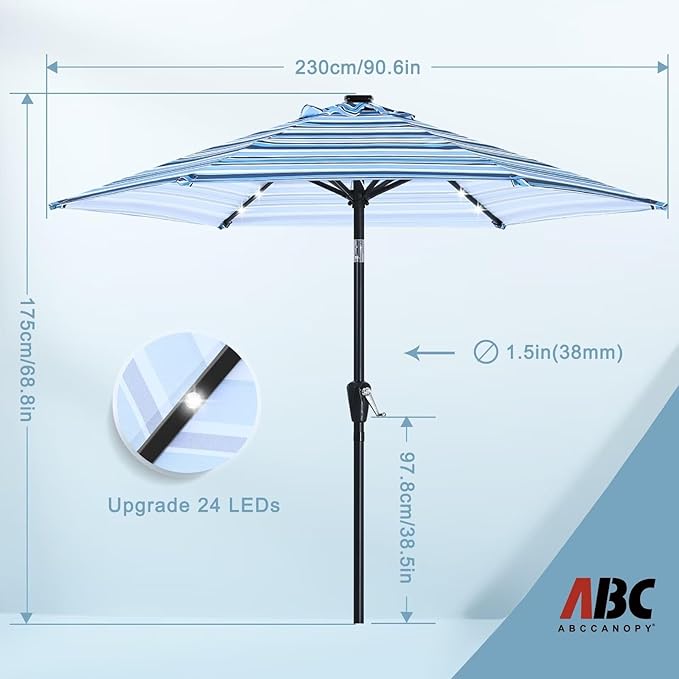 ABCCANOPY Durable Solar Led Patio Umbrellas with 24LED Lights 7.5FT with 6 Sturdy Ribs (Blue Stripes)