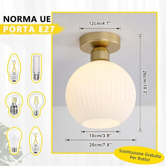 KCO Lighting Small Antique Brass Flush Mount Ceiling Light White Ribbed Glass Ceiling Fixture Mid Century Modern Semi Flush Mount Milk Glass Globe Light