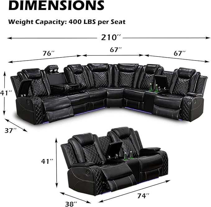 Leather Power Recliner Sectional Sofa Set with LED Light,L Shape Leather Couch Set with Recline Loveseat,Modular Corner Sofa with USB Port for Living Room Furniture(Black, Sectional+Loveseat)