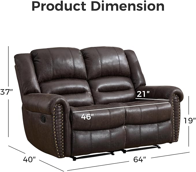 EBELLO Faux Leather Manual Loveseat Recliner, 2 Seat Reclining Sofa Chair with Soft Padded Seat Backrest, Vintage Rivet Mid-Century Design for Living Room, Bedroom, Dark Brown