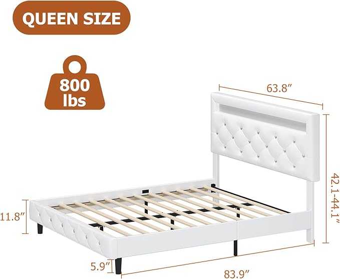 Keyluv Modern Upholstered Queen Bed Frame with LED Lights, Faux Leather Low Profile Platform Bed Frame, Adjustable Crystal Button Tufted Headboard, Strong Wood Slat Support, Easy Assembly, White
