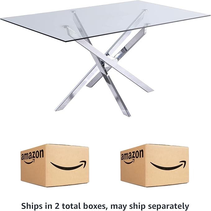 Meridian Furniture Xander Collection Modern | Contemporary Tempered Glass Top Dining Table with Durable Metal Base, 60" W x 36" D x 30" H, Silver Finish