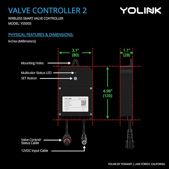 YoLink Wireless Smart Valve Control Kit, 3/4" Brass Motorized Valve, Wireless Controller 2, LoRa Long Range, D2D Offline with Leak Sensors, 12V Adapter with 2 Years Battery Backup