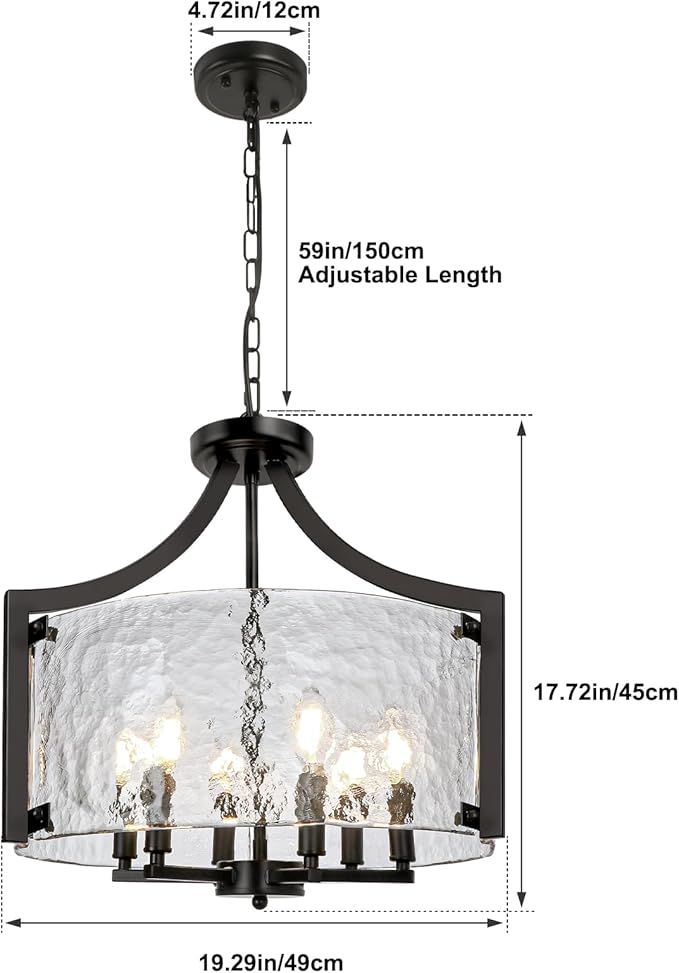 6-Light Black Chandelier, Glass Hanging Pendant Lighting, Convertible Semi Flush Mount Ceiling Light Fixture Modern Textured Glass Chandeliers for Dining Room Kitchen Foyer Entryway