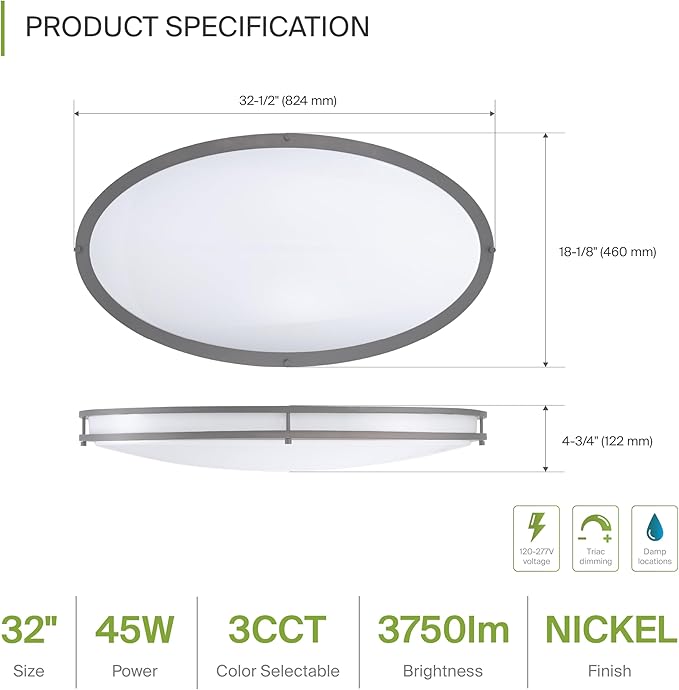 ASD LED 32" Oval Flush Mount Lighting, Close to Ceiling Light Fixture | 3CCT, Dimmable, Energy Star, ETL Listed | 45W 3750LM 3000-5000K 100-277V | Low Profile Double Ring Lamp | Nickel, 2 Pack