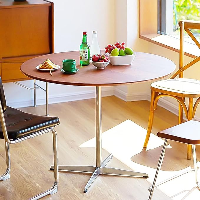 Dark Brown Round Solid Wood Dining Table Dining Furniture with Metal Crossed Base, 27.6" W Mid Century Modern Small Table Round for Office Small Coffee Table for 2-4
