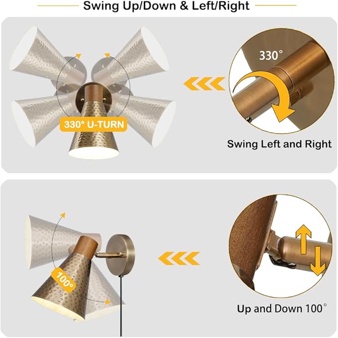 DSMJFU Gold Plug in Wall Sconces Set of 2, Modern Wall Lamp with Plug in Cord, Wooden Plug in Wall Light with Hammered Metal Shade，Wall Mounted Lamp for Bedroom, Living Room, Hallway, Bathroom