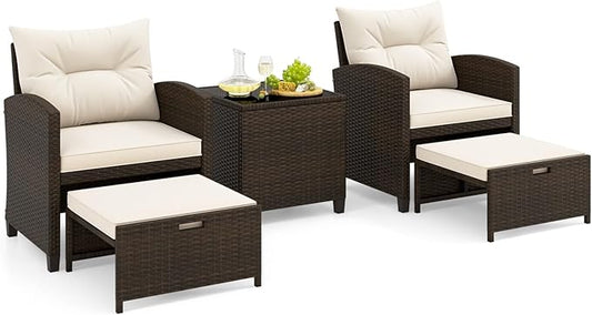 Tangkula 5 Pieces Patio Conversation Set, PE Wicker Outdoor Furniture Set with 2 Chairs, 2 Ottomans & Tempered Glass Coffee Table, Ideal for Poolside, Backyard, Lawn, Deck, Mix Brown & Off White