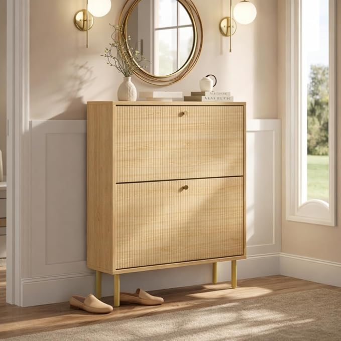 Nicetree Shoe Storage Cabinet for Entryway - Flip Shoe Cabinet with Tiered Fluted Design - Slim Shoe Storage Rack with Gold Legs - Narrow Shoe Cabinet Hidden Shoe Organizer for Small Spaces
