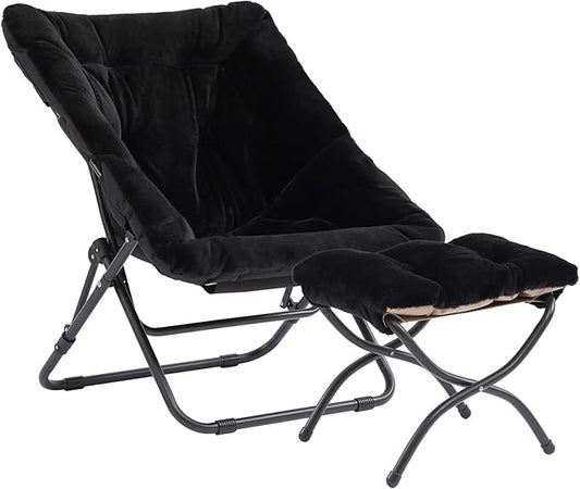 Oversized Folding Faux Fur Chair with Ottoman, X-Large Soft Saucer Chair, Foldable Metal Frame for Bedroom, Living Room, Balcony (Black)