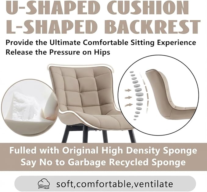 YOUTASTE Khaki Dining Chairs Set of 2, Comfy Faux Leather Upholstered Kitchen Chairs with Black Metal Legs, Mid-Century Modern Design, Accent Chair for Dining Room, Bedroom, Reception