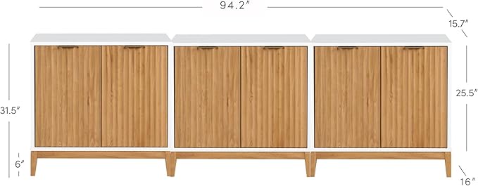 Nathan James Jasper Modern Sideboard, TV Stand with Fluted Doors, Accent Storage for Kitchen or Living Room, White/Warm Pine, Set of 3