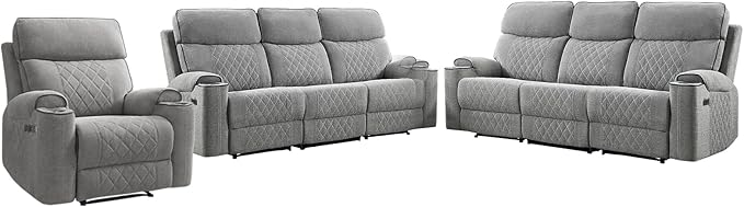 HAOMARKETS 3-Piece Power Recliner Sofa Set with Charging Port, Include Single Power Recliner Chair and 2 Electric 3-Seater Recliner Couches with Cup Holders for Living Room, Light Grey