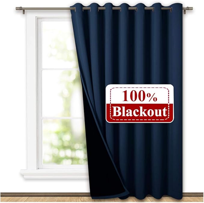 NICETOWN Warm Curtain for Winter, 100% Blackout Patio Sliding Door Wide Lined Drape, Keep Warm Drapery, Sliding Glass Door Panel for Night Shift (Navy, 1 Panel, 100 inches Wide x 84 inches Long