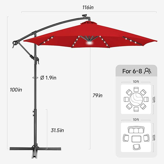 FLAME&SHADE 10ft Solar Cantilever Umbrella with 40 LED Lights, Lighted Large Offset Outdoor Patio Umbrellas, 8 Sturdy Ribs, UPF50+ UV Protection for Pool Deck Garden Yard, Red