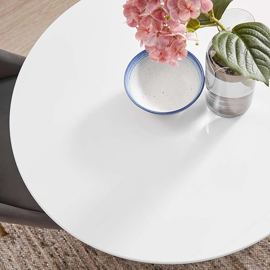 Modway Lippa 28" Mid-Century Modern Dining Table with Round Top in Gold White