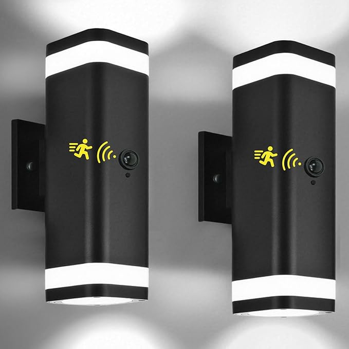 wowlite 2 Pack Motion Sensor Outdoor Wall Lights, Dusk to Dawn Outdoor Lighting Fixtures with GU10 Bulbs Included, Up and Down Black Exterior Light Fixtures for House Porch Garage, ETL Listed