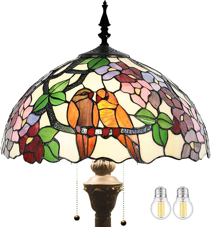 WERFACTORY Tiffany Floor Lamp Double Tropical Birds Stained Glass Standing Reading Light 16X16X64 Inches Antique Pole Corner Lamp Decor Bedroom Living Room Home Office S803 Series