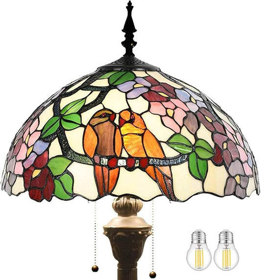 WERFACTORY Tiffany Floor Lamp Double Tropical Birds Stained Glass Standing Reading Light 16X16X64 Inches Antique Pole Corner Lamp Decor Bedroom Living Room Home Office S803 Series