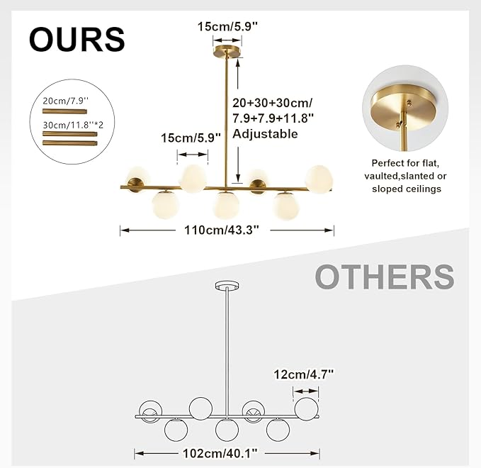 KCO Lighting Modern Brass Linear Chandelier Pendant Light 7-Lights Gold and White Glass Pendant Lighting Mid Century Globe Dining Light Fixture for Living Room Kitchen