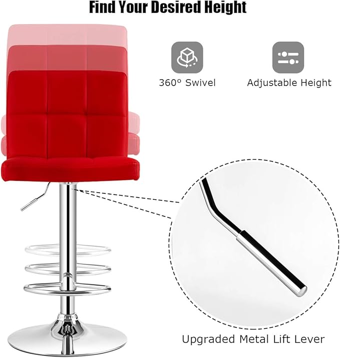 COSTWAY Adjustable Bar Stools Set of 4, Modern Swivel PU Leather Bar Chair with Backrest, Soft Cushioned Seat, Footrest, Sturdy Metal Frame, Comfortable Barstools for Kitchen Island, Pub, Red
