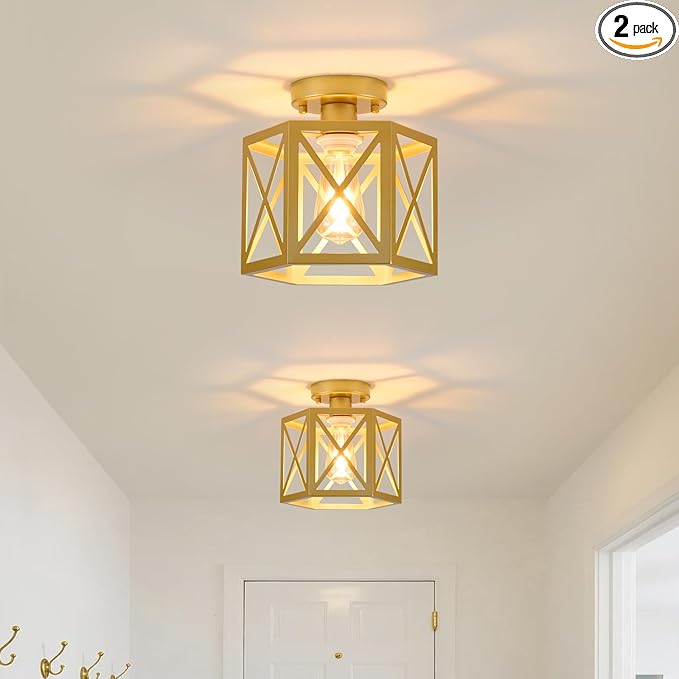 2 Pack Gold Semi Flush Mount Ceiling Light, Farmhouse Hallway Light Fixture Ceiling Mount, Metal Chandelier with Hexagonal Cage, Vintage Lantern Lamp for Kitchen Porch Sink