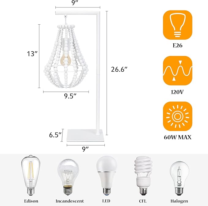 Boho Table Lamp for Bedroom, Wood Beaded Bedside Lamp, 1-Light, Farmhouse Desk Lamp, White Standing Lamp, Plug in Night Light for Night Table, Living Room
