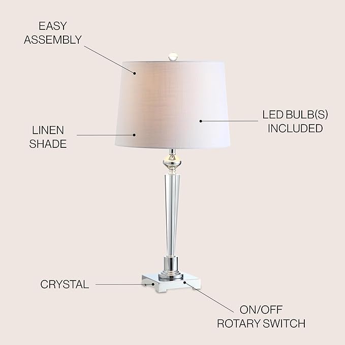 JONATHAN Y 28.25" Clear Crystal Table Lamp, Chrome Candlestick Base with White Linen Drum Shade, Traditional French Country Lamp for Living Room, LED Bulb Included JYL2051A