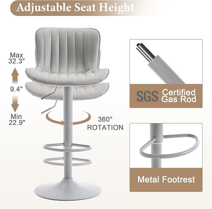 YOUNUOKE Bar Stools Set of 2, Counter Height Barstools for Kitchen Island, Modern Adjustable Swivel Gray Bar Chairs with Gray Legs