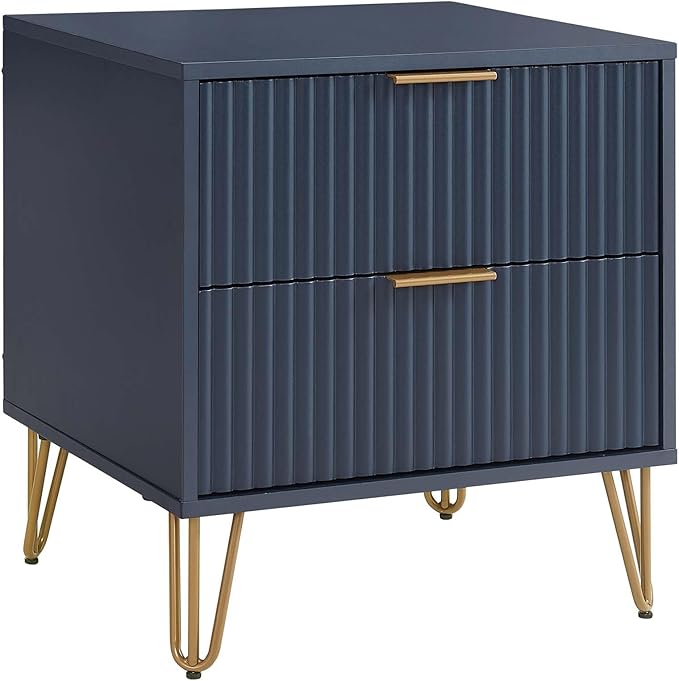 Manhattan Comfort Dumbo Modern Nightstand 2.0 with 2 Metal Feet | Splayed Gold Legs | Vertical Ribbed Design | No Tool Assembly Storage for Bedroom, Set of 2, Midnight Blue