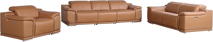 Blackjack Furniture Venice Top Grain Italian Leather 6 Power Recliner Seaters 3 Piece Sofa Set with Adjustable Headrests Modern Luxury Seating Sofa, Loveseat and Chair for Living Room Lounge, Cognac