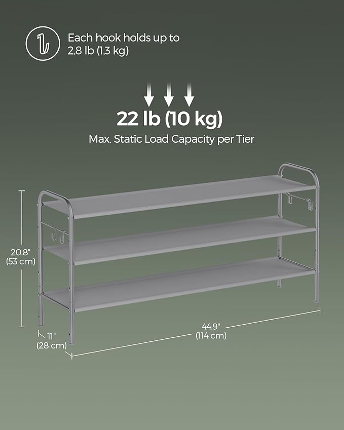SONGMICS Shoe Rack, 3-Tier Shoe Organizer, Fabric Shoe Shelf Storage with 4 Hooks, Holds up to 18 Pairs of Shoes, Height-Adjustable Shoe Rack for Entryway, Hallway, Closet, Easy Assembly, Dove Gray