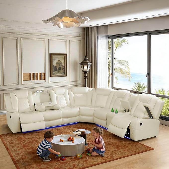 Power Reclining Sectional Sofa with LED, Leather Recliner Couch for Living Room/Home Theater, Sectional Reclining Couches with USB Port/Hide-Away Storage