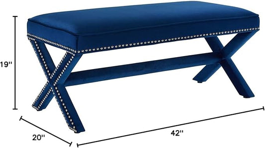 Modway Rivet Contemporary Modern Upholstered Velvet X-Base Accent Bench With Nailhead Trim In Navy