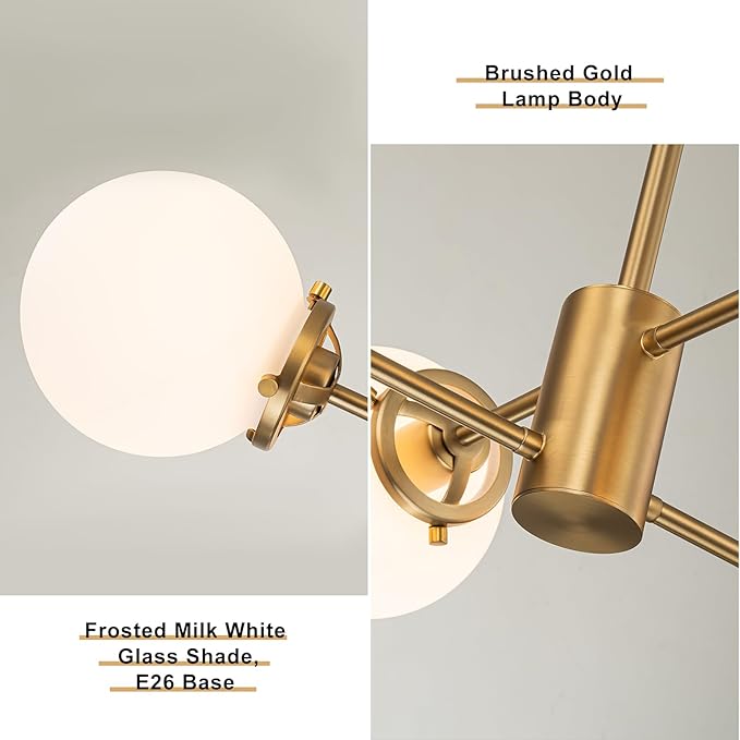 Gold Sputnik Chandelier with Milk Glass Globes, 23.6" 4-Light Mid-Century Pendant Light for Dining Room, Living Room,Foyer, Entryway