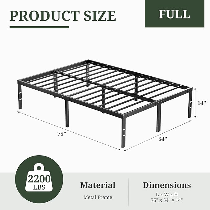 Full Size Bed Frame, 14 Inch Metal Platform Bed Frames with Heavy Duty Steel Slat Support, No Box Spring Needed, Easy Assembly, Under Bed Storage