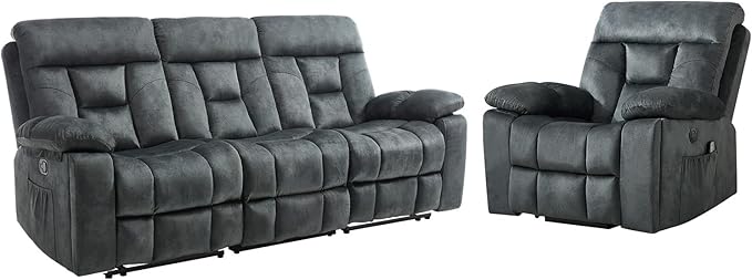 CANMOV Recliner Sofa Set, Power Lift Recliner with Massage&Heat and 3 Seat Sofa, Reclining Sofa with Overstuffed Armrest, Hidden Cup Holders, for Living Room, Greenish-Gray