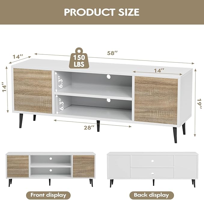 YESHOMY Modern TV Stand for 65" Television, Entertainment Center with Two Storage Cabinets and Open Shelves, Retro Style Media Console for Living Room, Bedroom, Office, 58 Inch, Light Beige